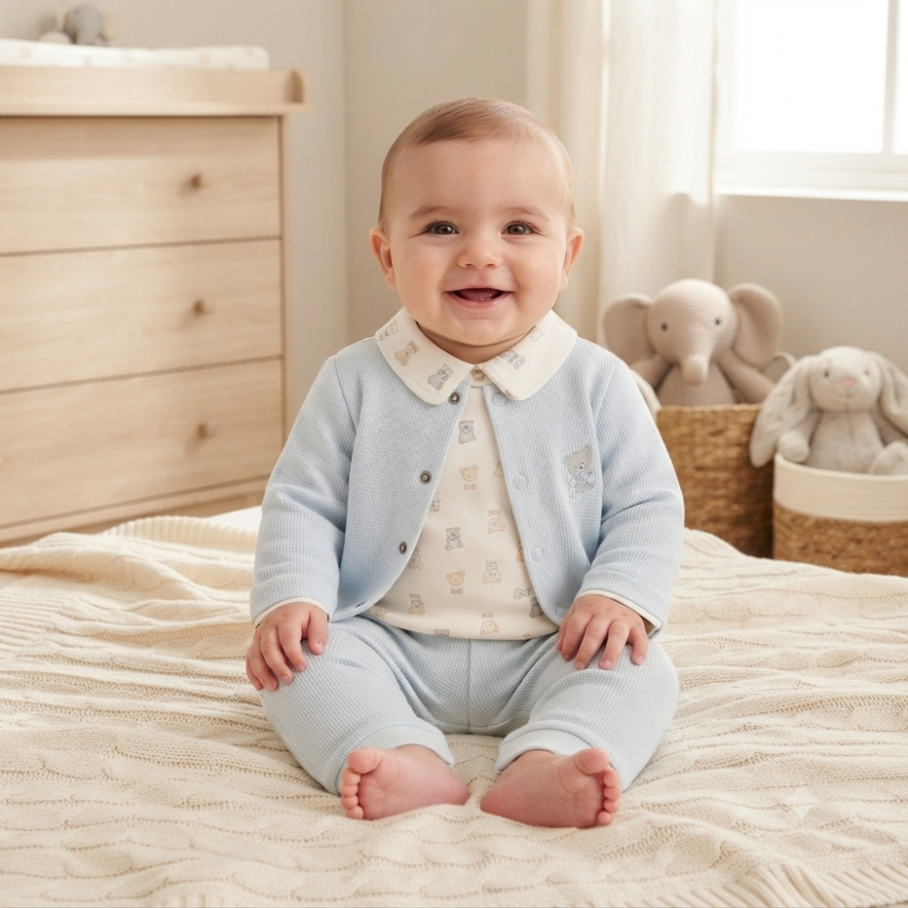 N14753: Baby Boys Waffle Fabric Jacket, Pant & Top Outfit (0-9 Months) N14753: Baby Boys Waffle Fabric Jacket, Pant & Top Outfit (0-9 Months)